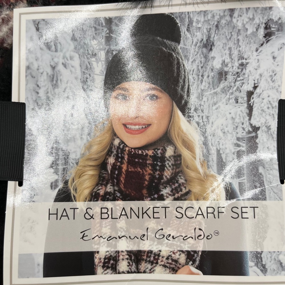 Emanuel Geraldo Hat and Blanket Scarf Set Plaid Burgundy Black Pom Beanie New - Picture 2 of 5